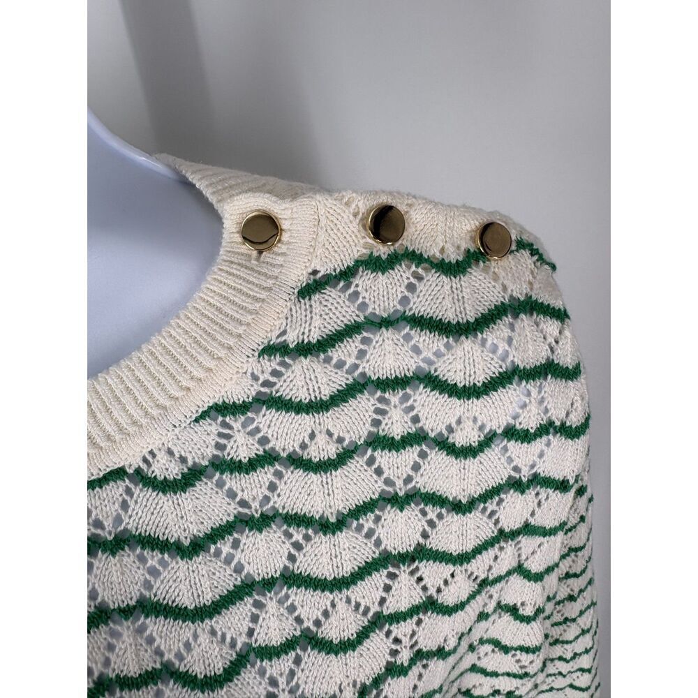 Lands’ End Cream & Green Striped Knit Sweater | Button Shoulder Crewneck - Picture 2 of 5
